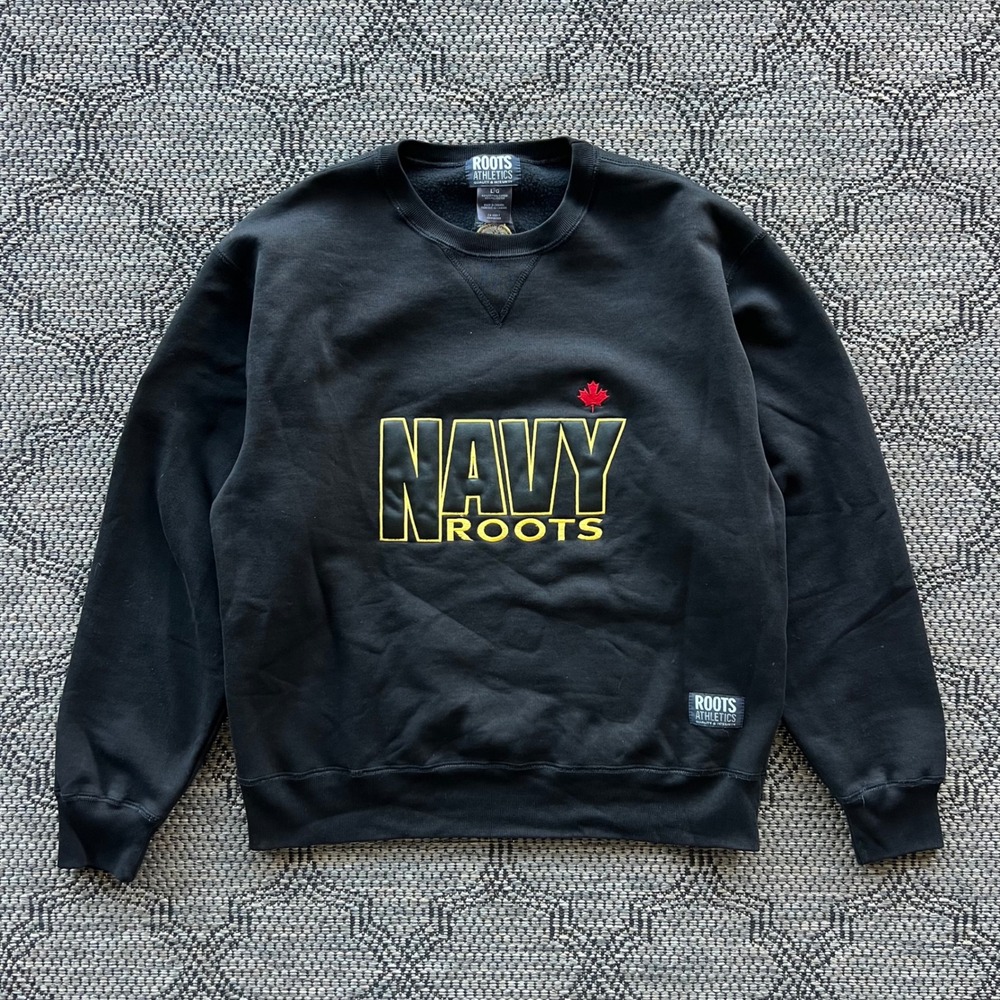Vintage Roots Sweatshirt Mens Large Black Canadian Navy Crewneck Army Fleece 90s